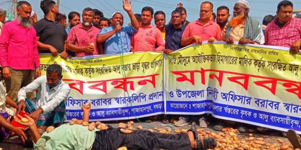 বগুড়ায় রাস্তায় আলু ফেলে চাষিদের বিক্ষোভ
